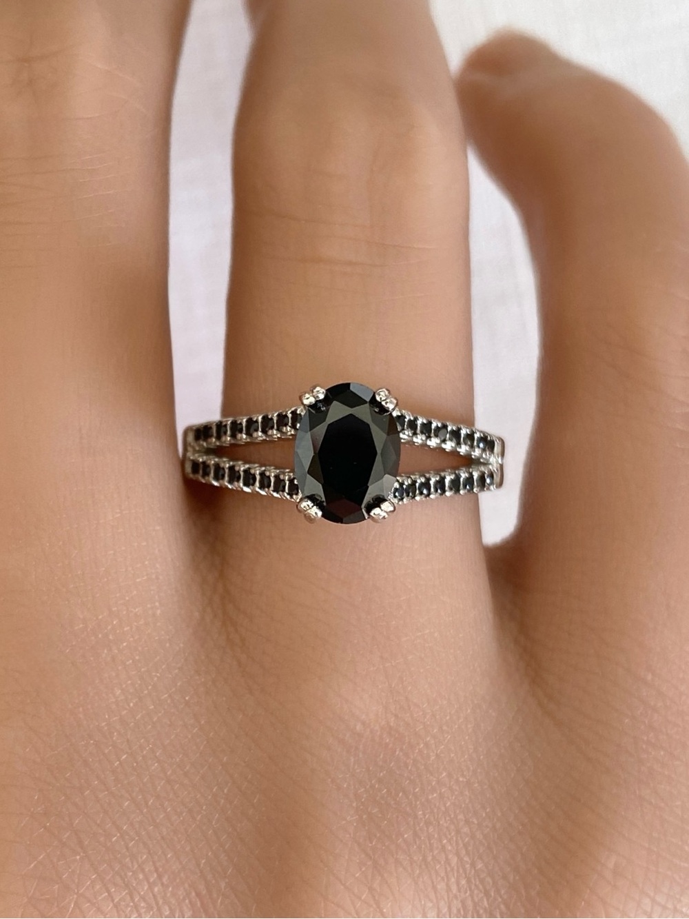 Oval Black CZ Split Shank Pave Band Sterling Silver Women’s Engagement Ring